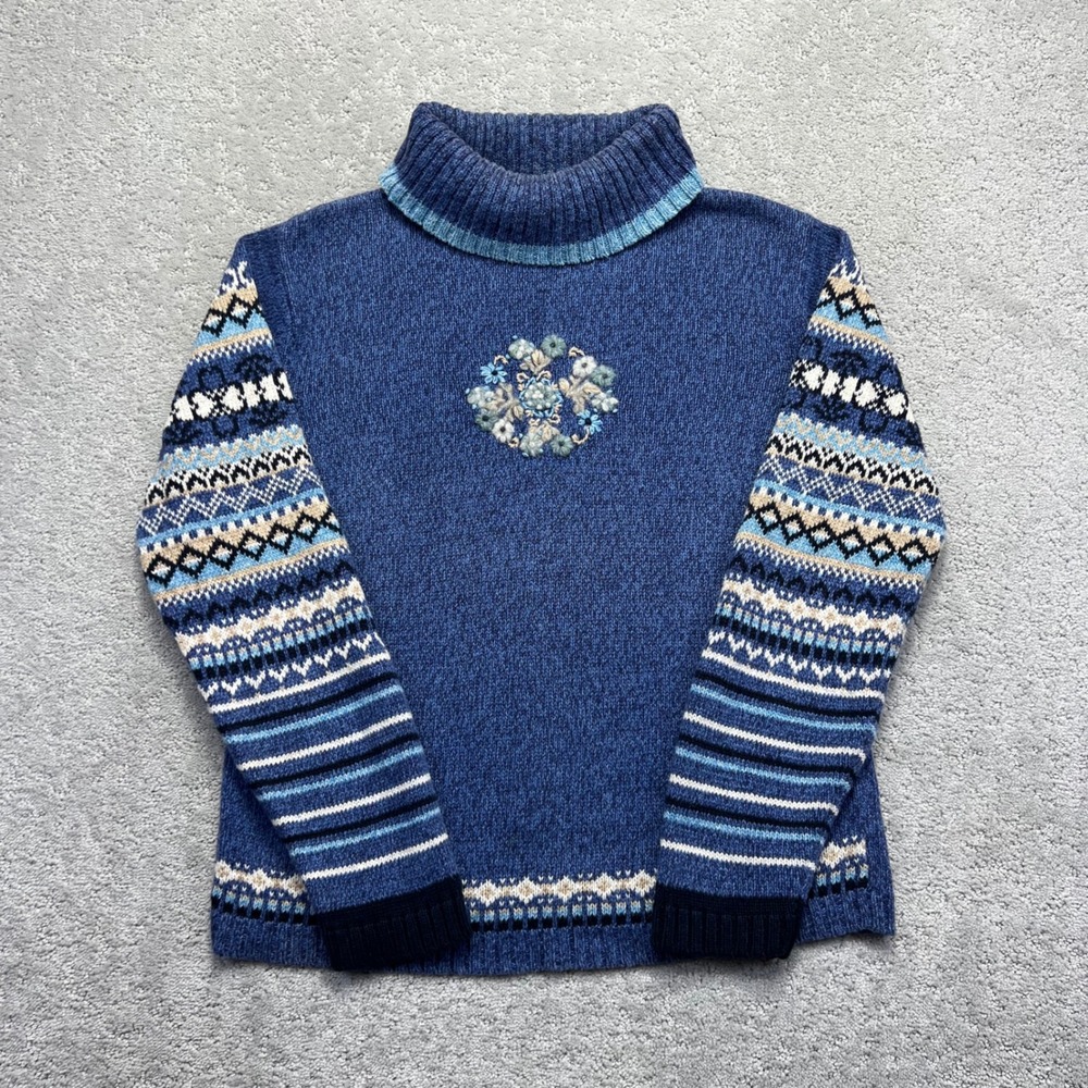 VINTAGE Erika Sweater Womens M Blue Fair Isle Floral Embroidered Turtleneck